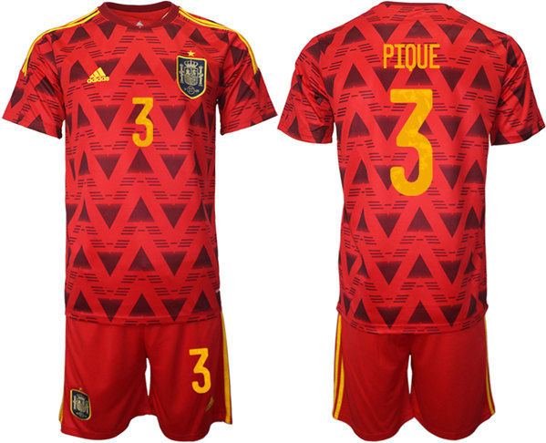 Men's Spain #3 Piqué Red Home Soccer Jersey Suit